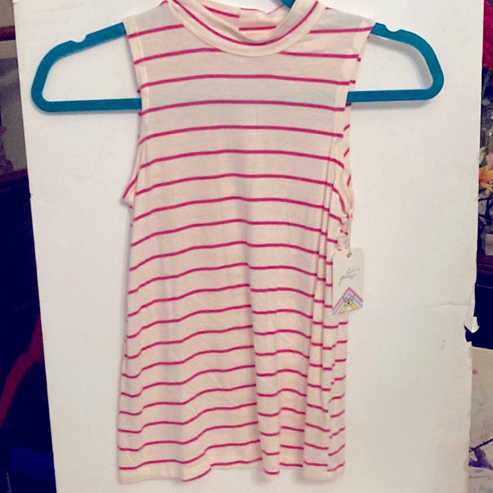 Glitz, sleeveless top, ivory and fuchsia purple stripes, M 10/12